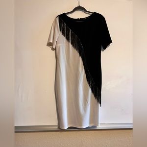 Shein black & white shift dress with fringe